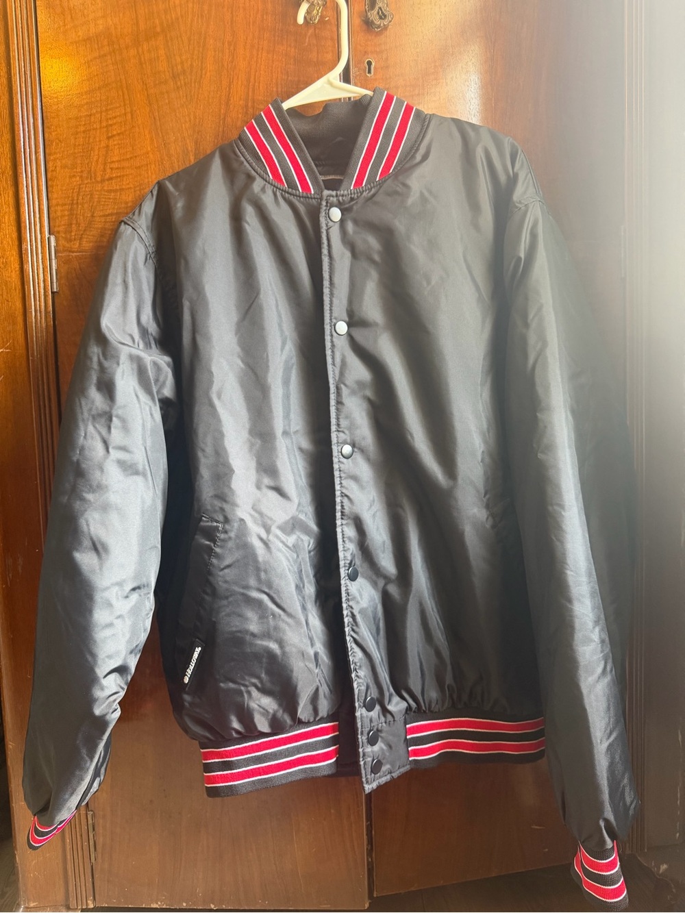 Men's Black Bomber Jacket with Red-Striped Trim